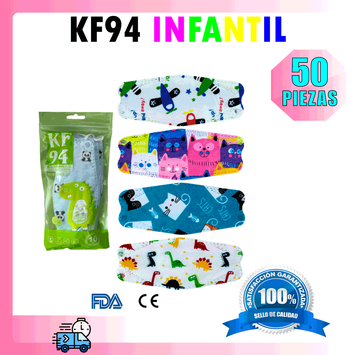 Mascarilla KF94 para niños, paquete de 50/100 unidades, mascarilla  protectora de 4 capas, no tejida, mascarilla antipolvo de diseño 3D,  mascarilla